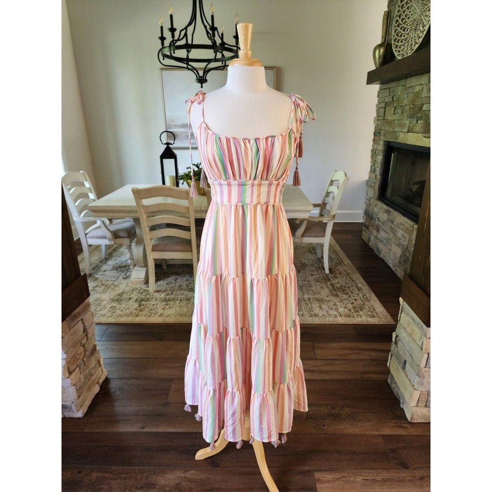 ChicWish Rainbow Pastel Striped Multicolor Maxi with Tassels Dress Boho Size M